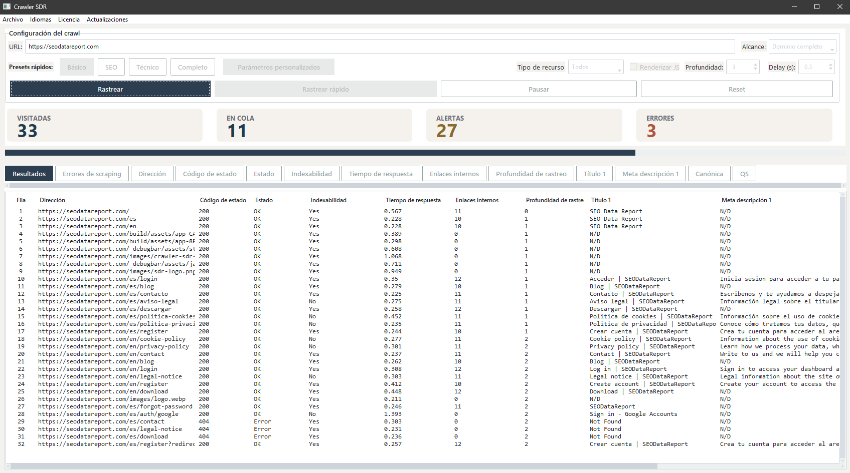 Crawler SDR PRO panel showing live results